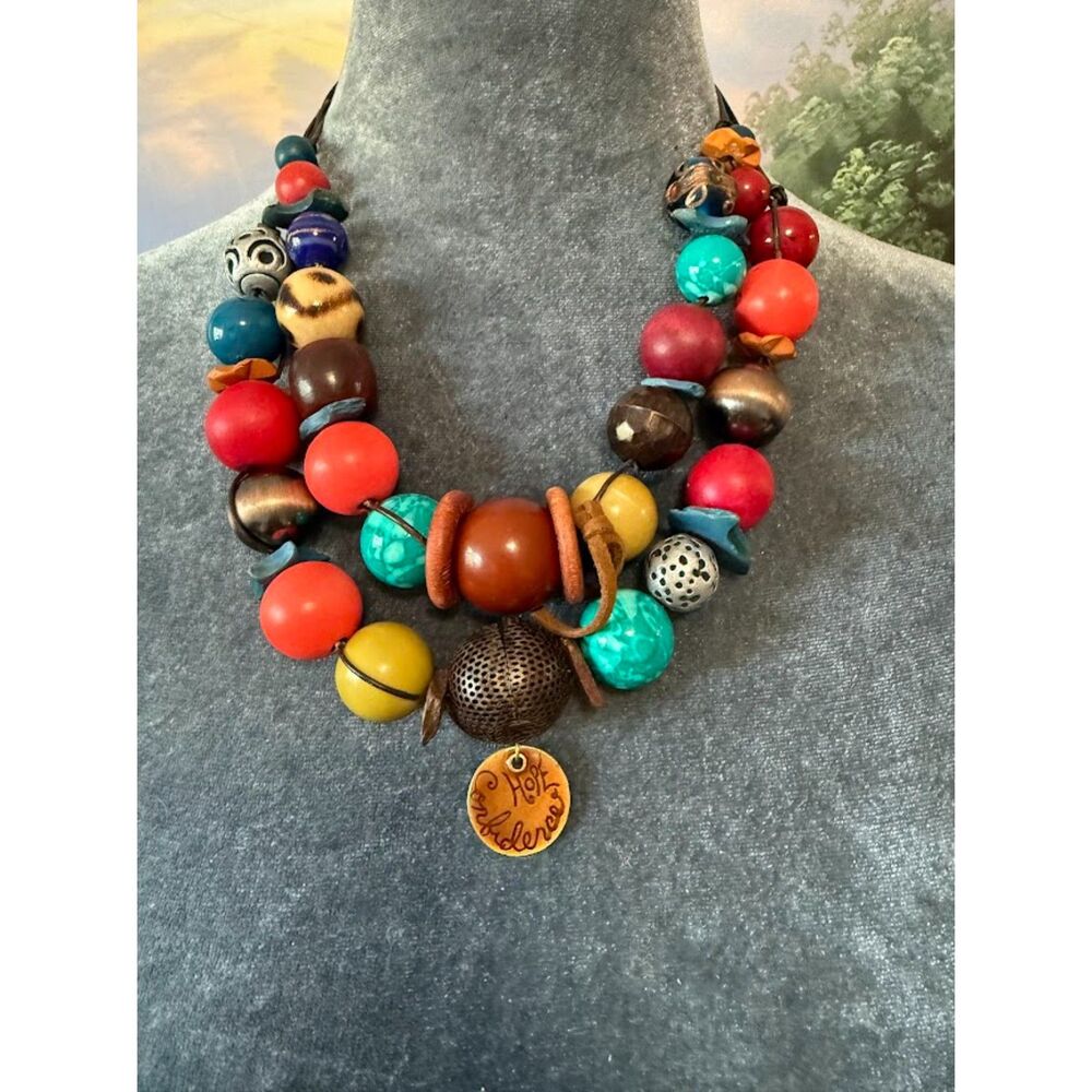 vintage Chico'sWood, Glass. Resin Two Stand Statement Leather Necklace - Picture 1 of 6